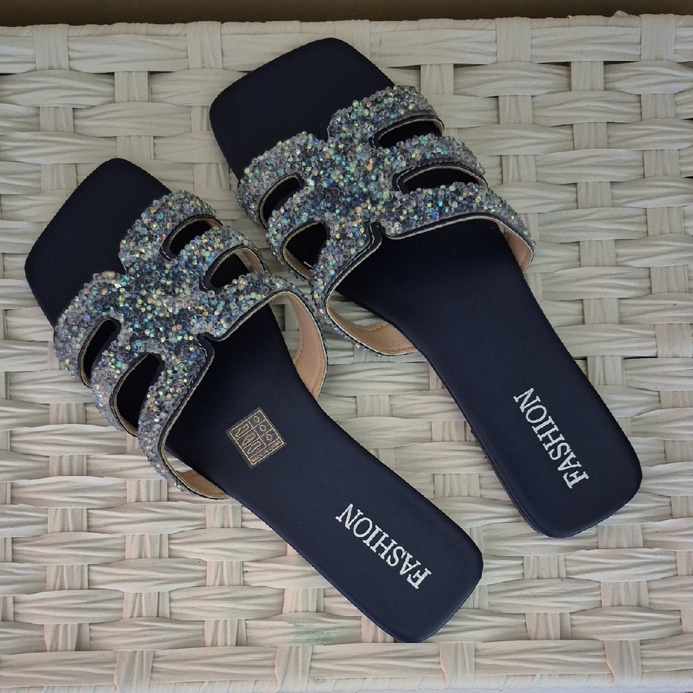 Women's Black and Silver Embellished Sandals